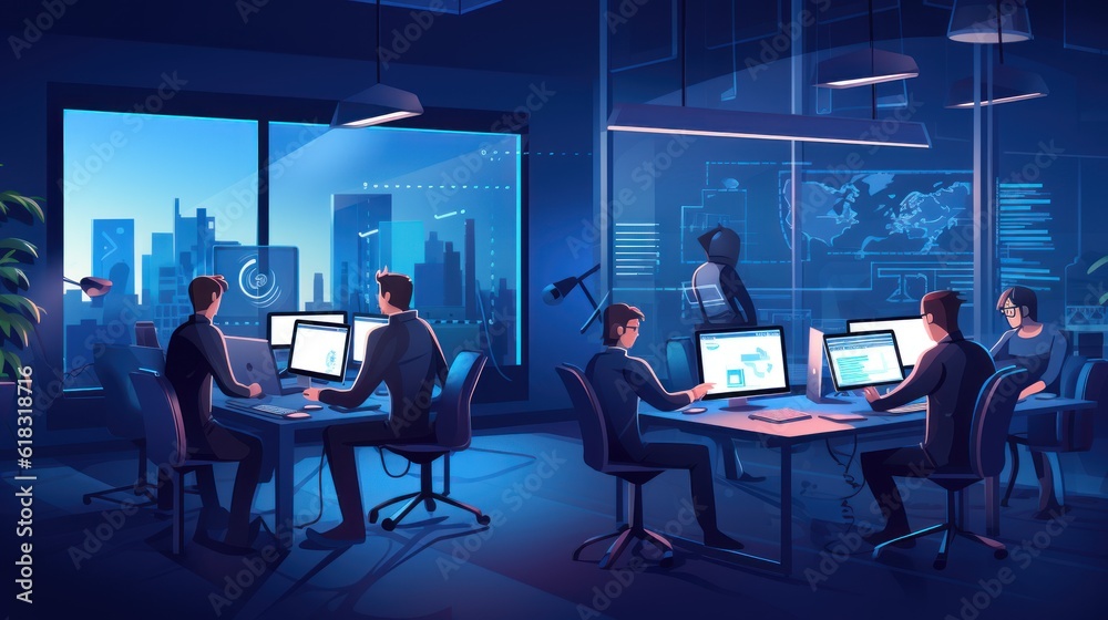 A scene showcasing a team of software developers coding, collaborating, and testing applications in a modern development environment A scene showcasing a team of software developers coding, collaborating, and testing applications in a modern development environment