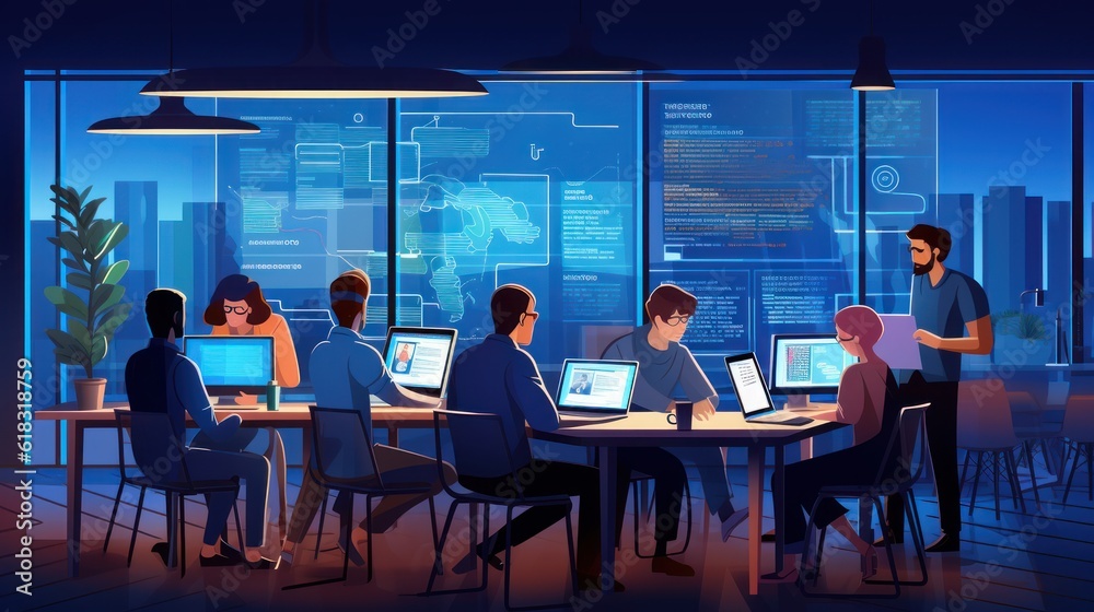 A scene showcasing a team of software developers coding, collaborating, and testing applications in a modern development environment