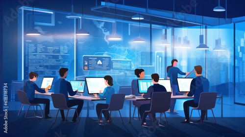 A scene showcasing a team of software developers coding, collaborating, and testing applications in a modern development environment