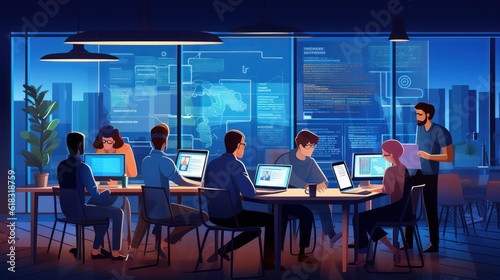 A scene showcasing a team of software developers coding, collaborating, and testing applications in a modern development environment © Damian Sobczyk