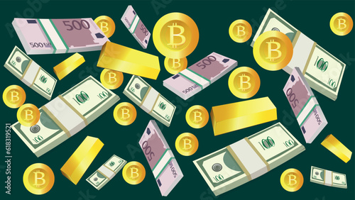 Lots of stacks of dollars, stacks of euros, bitcoin coins. Different currencies in large quantities. Background of different kinds of currencies.