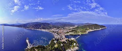 Panoramic aerial view of the Bay of Silence in Sestri Levante, a town in the Cinque Terre region of Ligura, Italy