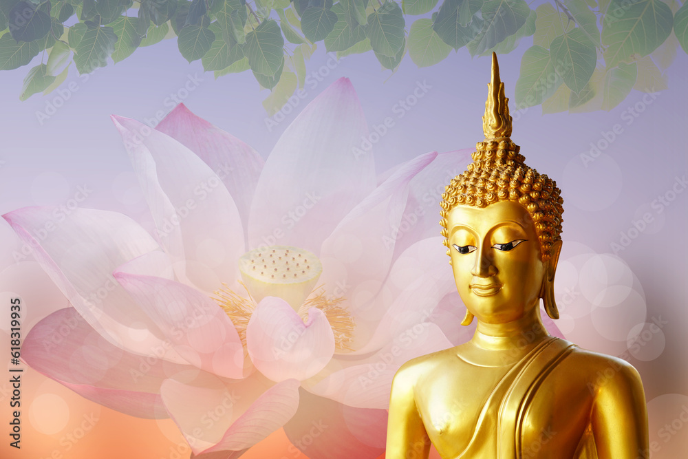 Golden Buddha Statue on Makha Asanaha Visakha Bucha Day: Serene Meditation amidst Shining Light and Bodhi Leaves Golden Buddha Statue on Makha Asanaha Visakha Bucha Day: Serene Meditation amidst Shining Light and Bodhi Leaves