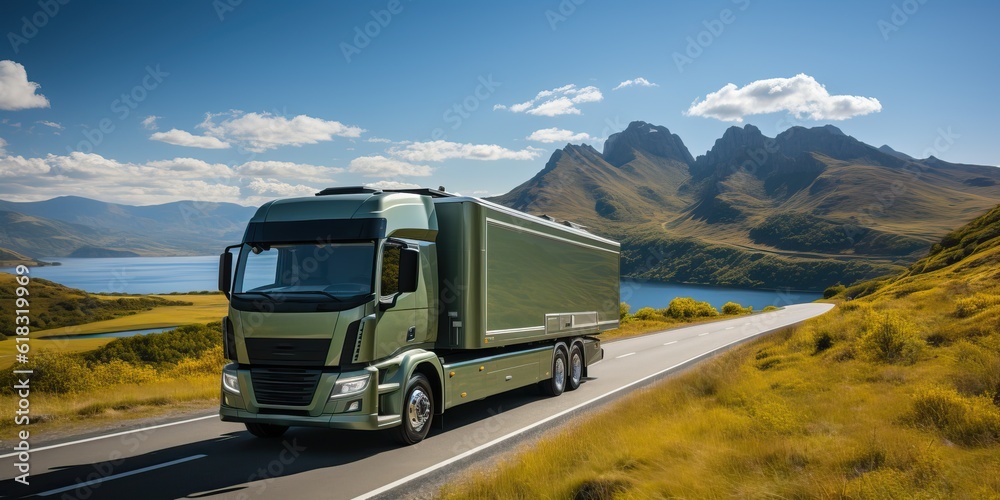 Obraz premium Truck on the highway on a sunny day, generative ai