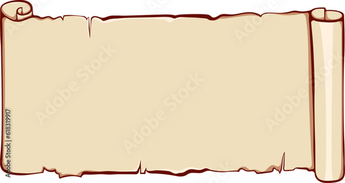 Horizontal scroll papyrus paper. Ancient scroll with copyspace. Vector illustrations in color cartoon style isolated on white. Design for print. Banner parchment with space for text
