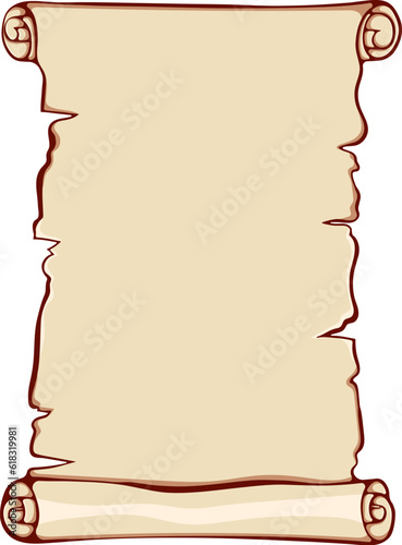 Vertical scroll unrolled papyrus paper. Ancient scroll with copyspace. Vector illustrations in color cartoon style isolated on white. Simple graphic for print. Banner parchment with place for text