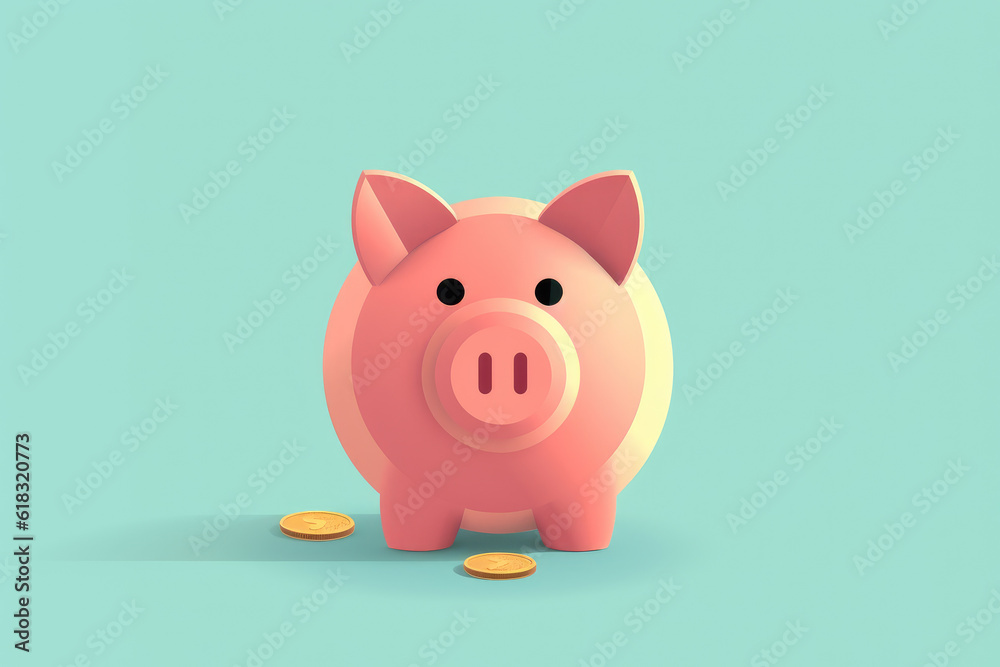 Pink Piggy Bank with coins isolated on a blue background Pink Piggy Bank with coins isolated on a blue background