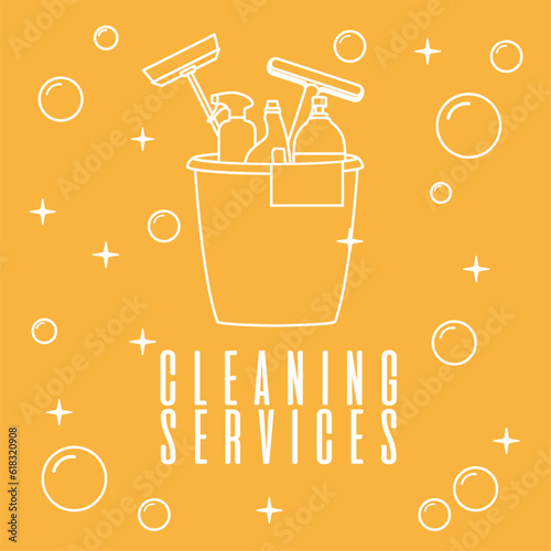 Cleaning services orange poster with housecleaning items Vector