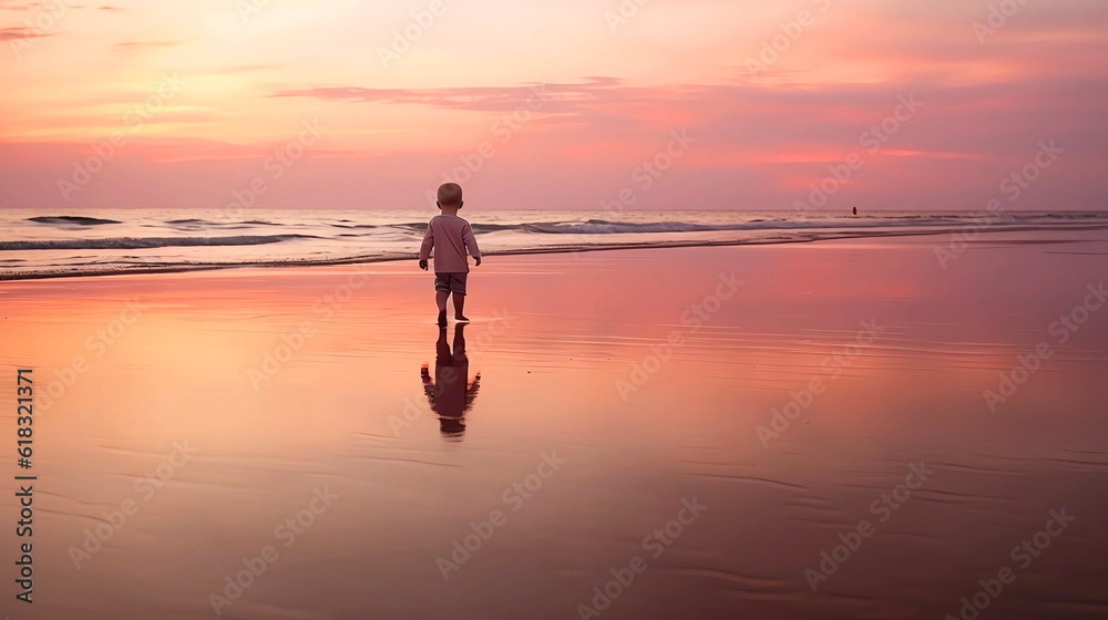 small baby walk on sunset at beach sand ,sunbeam flares and reflection on sea water ,generated ai