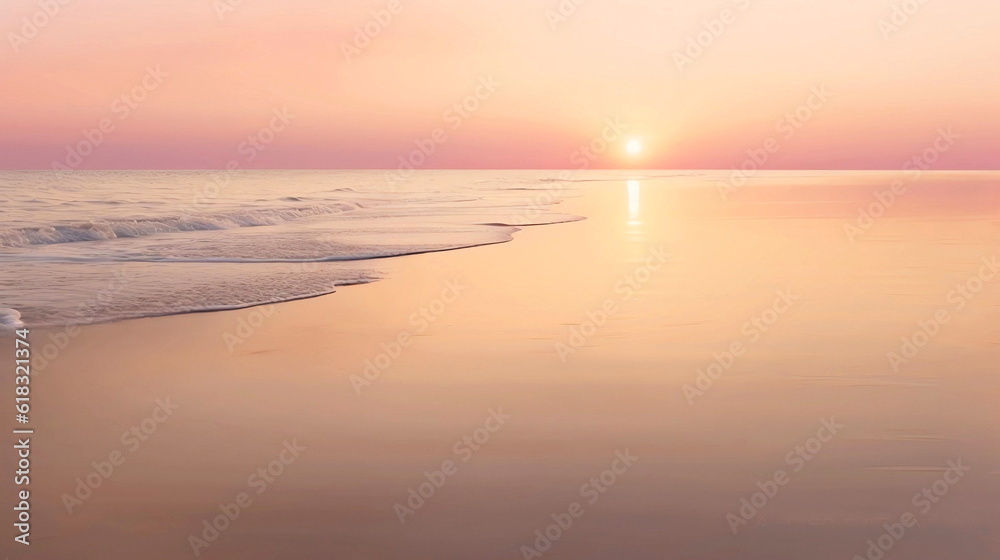  sunset on sea  at beach sand ,sunbeam flares and reflection on sea water ,generated ai
