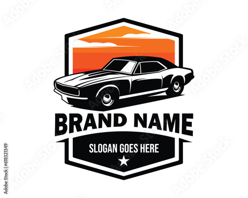 vector illustration of an old camaro car silhouette. isolated white background view from side with sunset view. Best for logo, badge, emblem, icon, design sticker, old car industry.