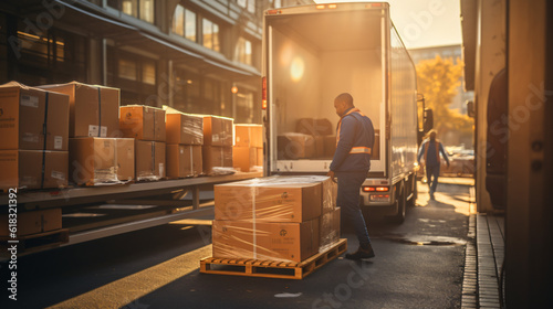 photo Outside of Logistics Retailer Warehouse, Worker Loading Delivery Truck with Cardboard Boxes