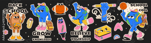 Sticker set on themed back to school. Funky retro groovy characters. Earth Planet, backpack, marker, lunch box, ball. Motivation phrases and slogan. Contemporary vector illustration.