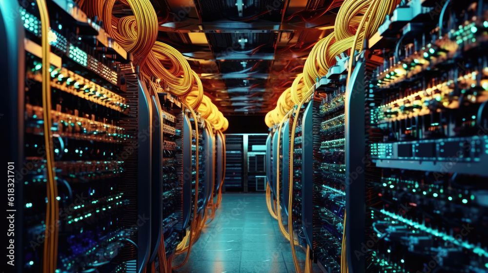 Close-up shot of networking cable management located in the server room