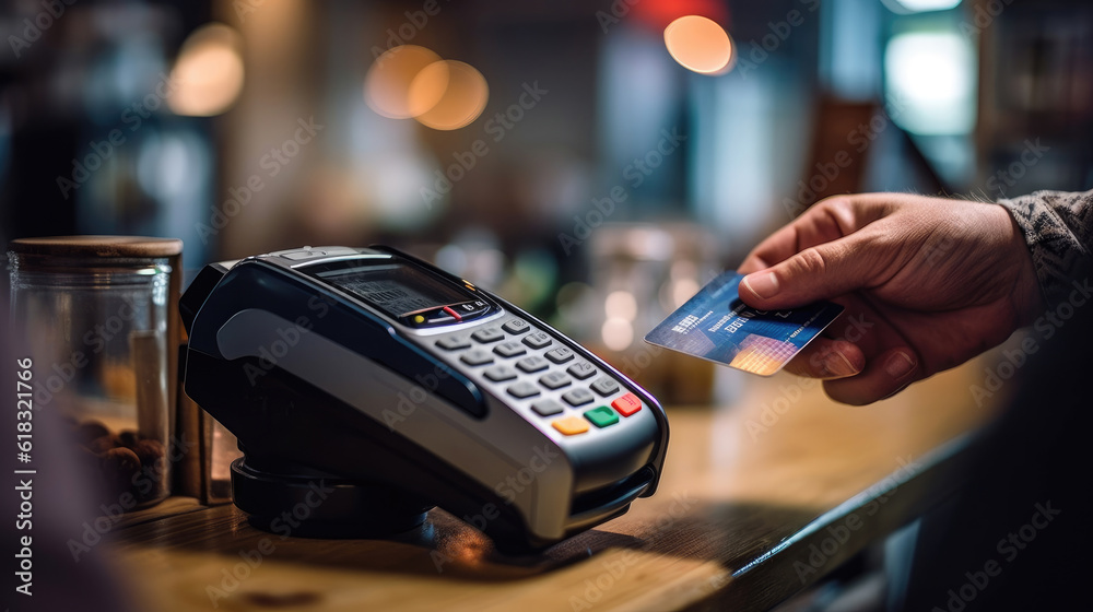 Close-up shot of person paying by credit card in shop Close-up shot of person paying by credit card in shop