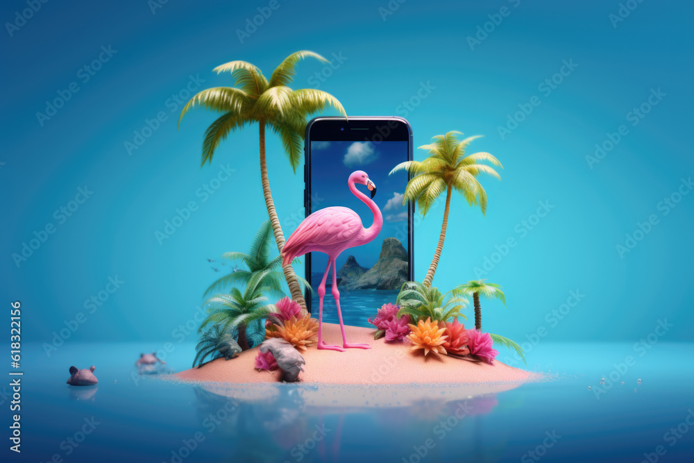 Creative 3D summer beach scene with smartphone and pink flamingos, miniature table top scene of summer vacation, 3D rendering