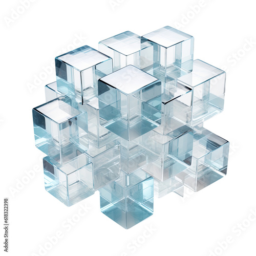 a cluster of transparent interlocking cubes abstract shape, 3d render style, isolated on a transparent background, generative ai
