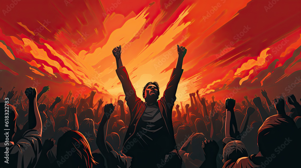 portrait of a man at a concert celebrating exuberantly with both hands up. creative illustration. Generative AI portrait of a man at a concert celebrating exuberantly with both hands up. creative illustration. Generative AI