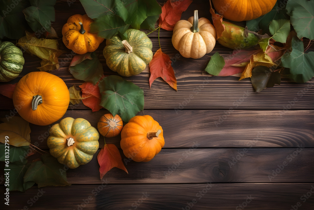 Halloween or Thanksgiving decor on dark wooden background. Generative AI