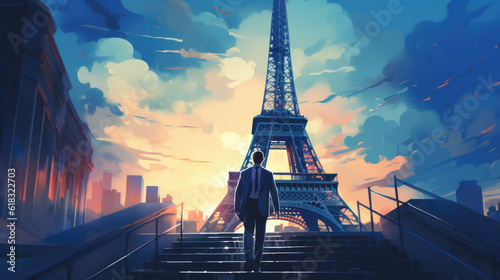 a businessman goes down stairs in france in the background is the eiffel tower. creative illustration. Generative AI © jr-art