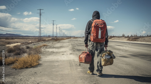 a packed man with backpack and bags is walking down a lonely road. back view. Generative AI