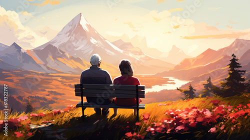 back view of an elderly couple sitting together on a bench and watching the sunset together, in the background are sc. creative illustration. Generative AI