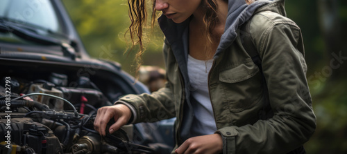 a young woman is tinkering with her car and trying to repair it. Generative AI