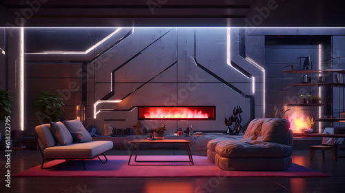 Futuristic Haven: A Cozy and Gorgeous Cyberpunk Living Room with Fireplace, AI Generative