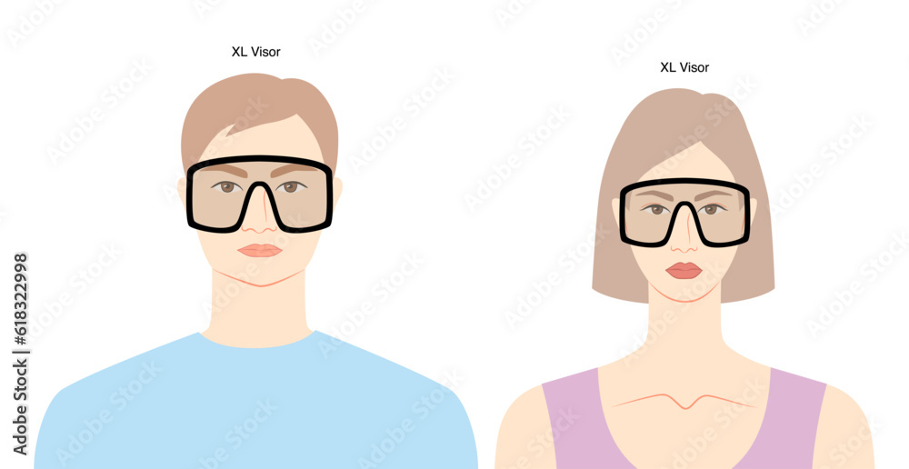 XL Visor frame glasses on women and men flat character fashion accessory illustration. Sunglass front view unisex silhouette style, spectacles eyeglasses, lens sketch style outline isolated on white XL Visor frame glasses on women and men flat character fashion accessory illustration. Sunglass front view unisex silhouette style, spectacles eyeglasses, lens sketch style outline isolated on white