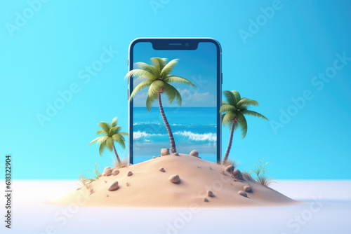 Creative 3D summer beach scene with smartphone  miniature table top scene of summer vacation  3D rendering