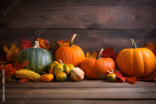 Halloween or Thanksgiving decor on dark wooden background. Generative AI