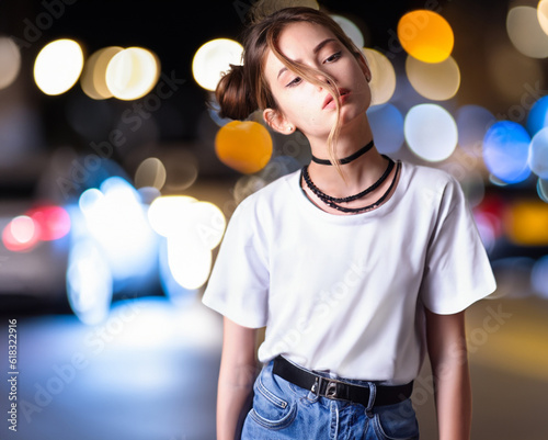 Mockup, white t-shirt street template on a young beautiful girl on a background against the backdrop of an urban night city