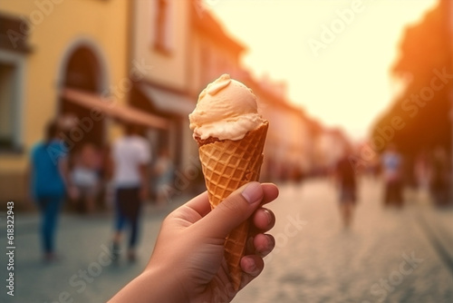 dessert street ice hold food sweet cone summer cold cream hand. Generative AI.