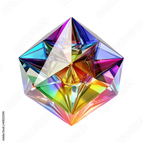 rainbow spectrum geometric prism with faceted surfaces abstract shape, 3d render style, isolated on a transparent background, generative ai