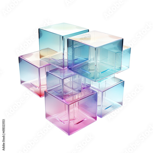a series of floating translucent cubes abstract shape, 3d render style, isolated on a transparent background, generative ai