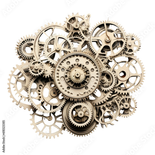 a symphony of interlocking gears and abstract shape, 3d render style, isolated on a transparent background, generative ai