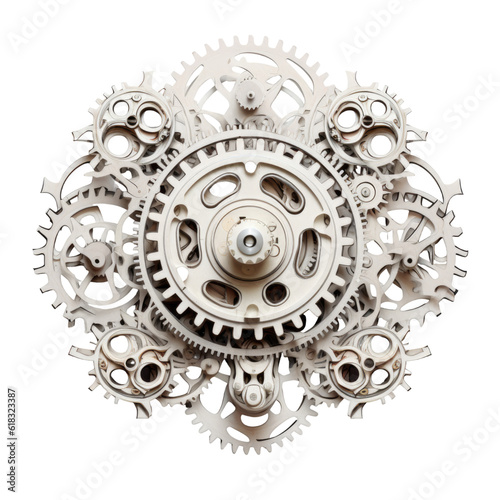 a symphony of interlocking gears and abstract shape, 3d render style, isolated on a transparent background, generative ai