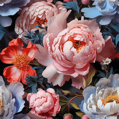 Seamless vintage watercolor style vector background with colorful peonies.