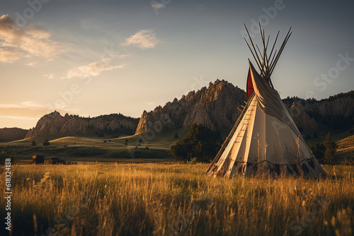 Illustration of a tipi on the plains of North America. Generative AI. 
