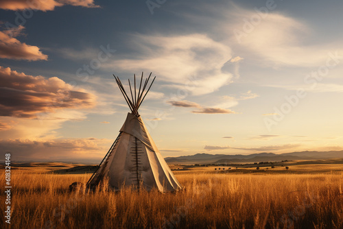 Illustration of a tipi on the plains of North America. Generative AI.  photo