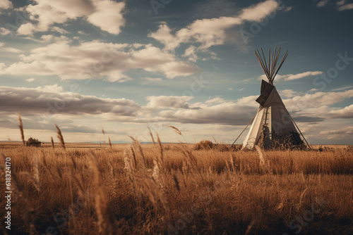 Illustration of a tipi on the plains of North America. Generative AI. 