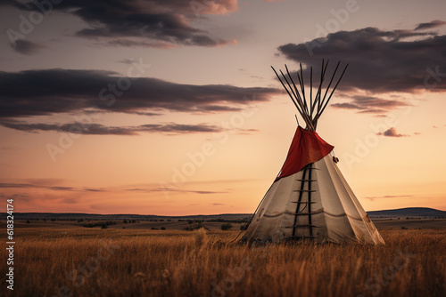 Illustration of a tipi on the plains of North America. Generative AI.  photo