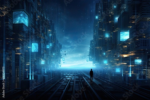 lights of the city, binary code tunnel, futuristic technology
