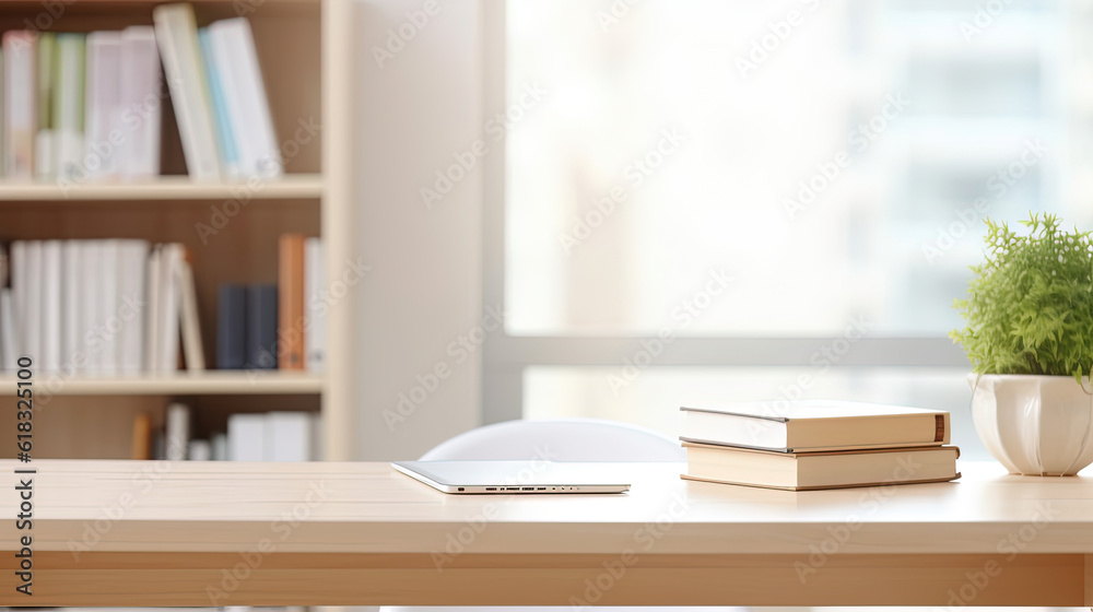 White table with books, stationery and copy space in study room