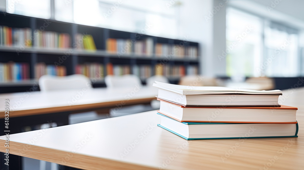 White table with books, stationery and copy space in study room