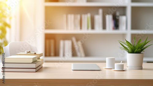 White table with books, stationery and copy space in study room
