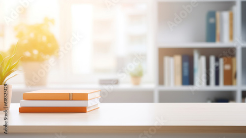 White table with books, stationery and copy space in study room