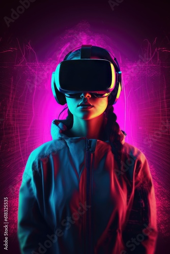 Girl in virtual reality glasses. neon light. metaverse. virtual world. © AndErsoN