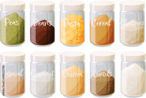 Cute vector illustration set isolated on white background of various pantry staple supplies for cooking stored in glass jars with white fonts for neat organization.