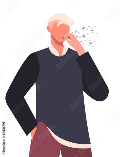 Young man in casual clothes feeling unwell and coughing as symptom for cold, asthma, allergy or bronchitis. Man with respiratory disease symptom. Medicine and Healthcare concept. Flat vector